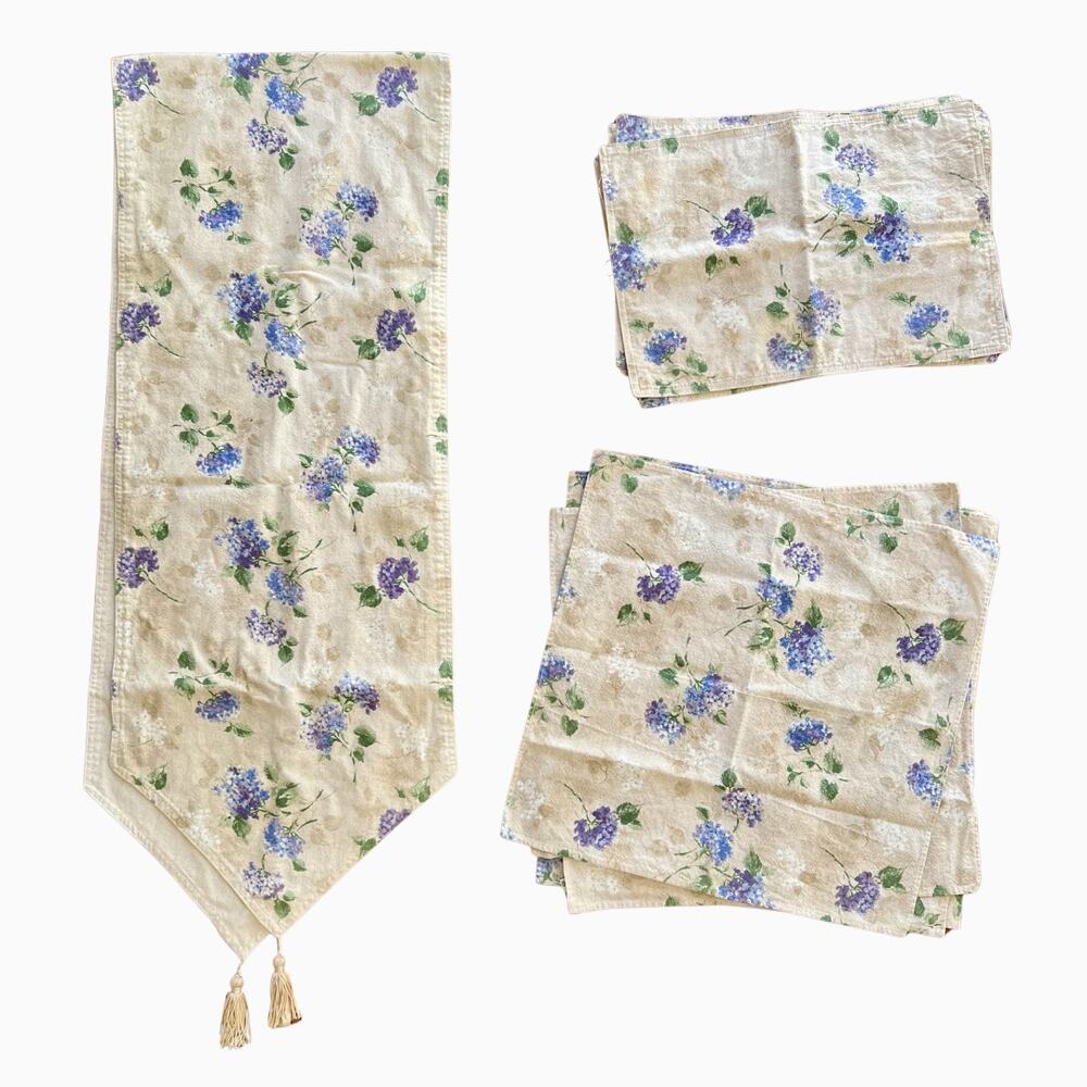 Vintage 90s Pier 1 Hydrangea Table Runner Set Placemats Napkins Floral Cotton